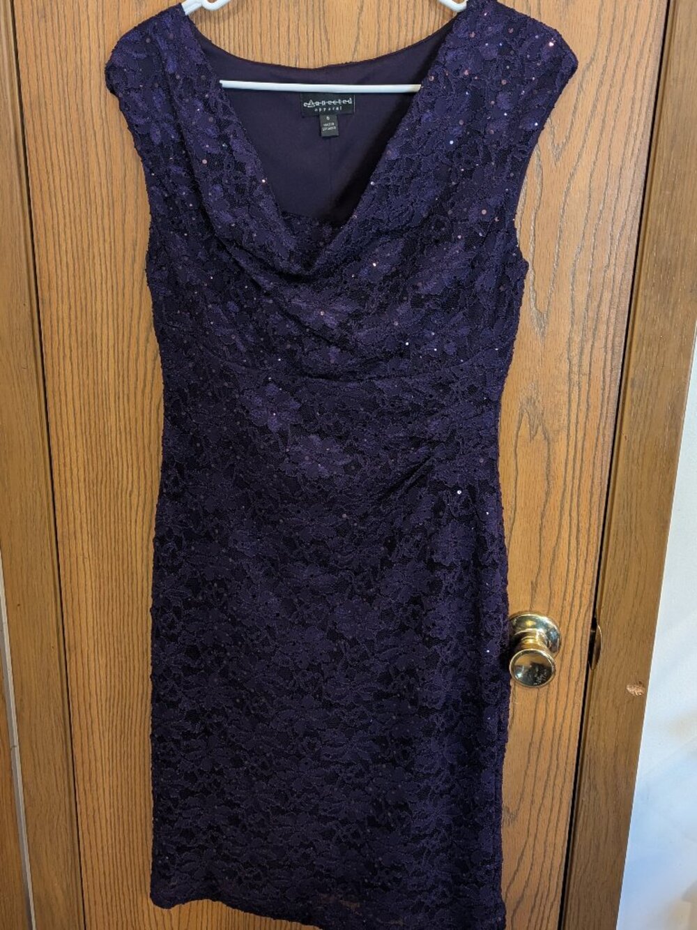 Lace Sequin Cowl Scoop‎ Neck Purple Short Sleeveless Gown Connected Apparel- 6